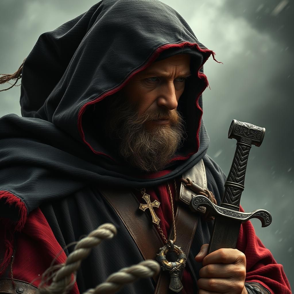 Weathered Monk with Sword in Hyperrealistic Style