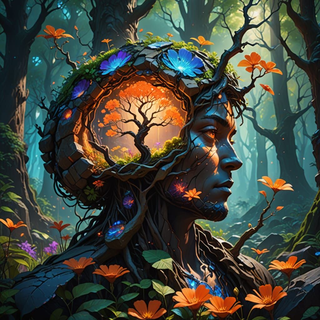 Surreal Glowing Tree in Mystical Forest as Oil Painting