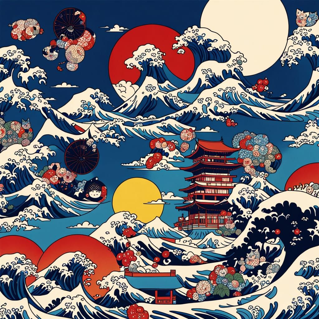 Mischief in Ukiyo-E Splendor: Daemon Cat Gang Members