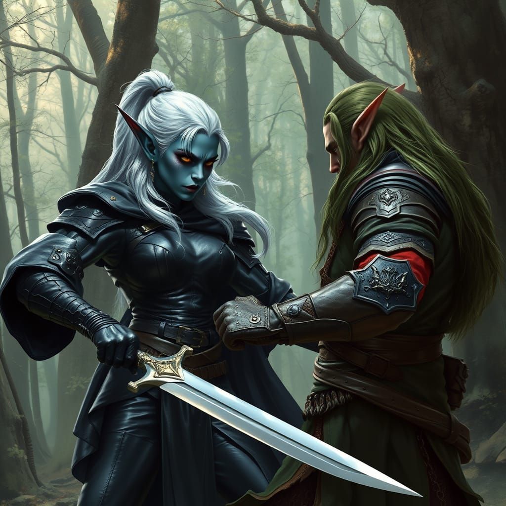 Epic Female Drow Warrior Confronts Elven Ranger in Ancient F...