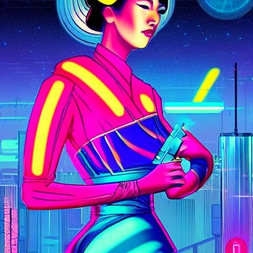Sci-Fi Geisha in Synthwave Neon Retro Style