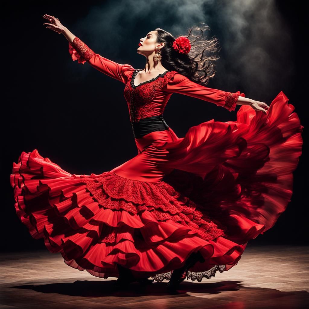Passionate Spanish Flamenco Dancer in Red Dress