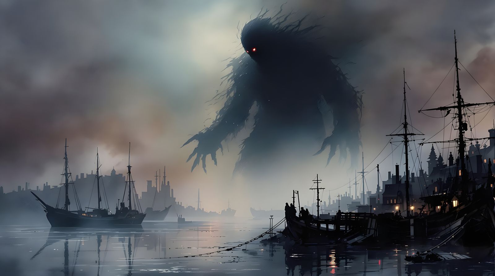 Colossal Harbor Shadow in Deep Ink Wash Style