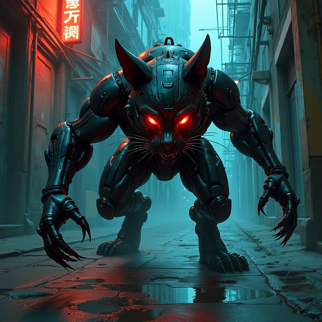 Menacing Cybernetic Cat in Dystopian Cityscape