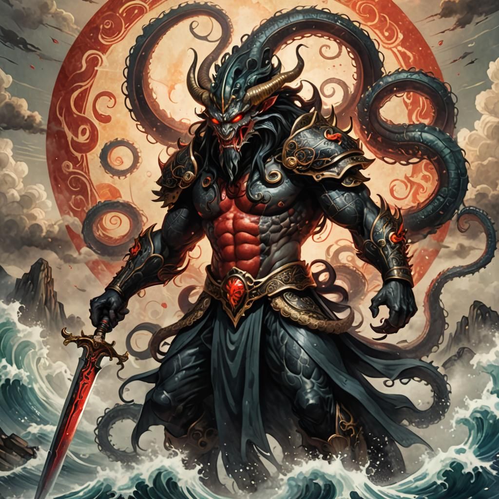 Fearsome Tentacle Demon with Sword in Ink Painting Style