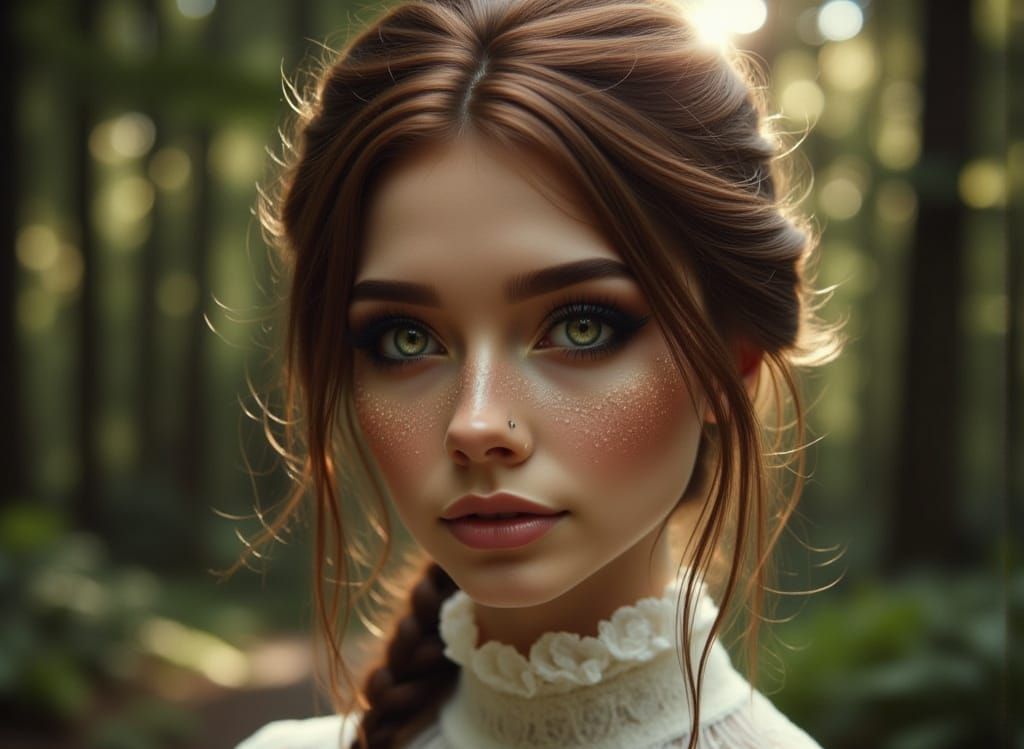 Fairy Elf Woman in Victorian Wedding Dress in Woods