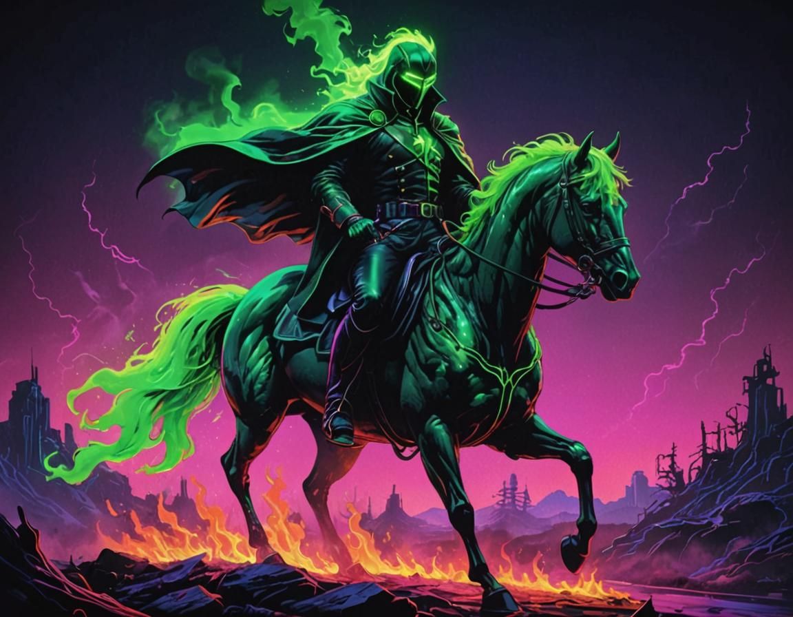 Headless Horseman Ablaze in Synthwave Style
