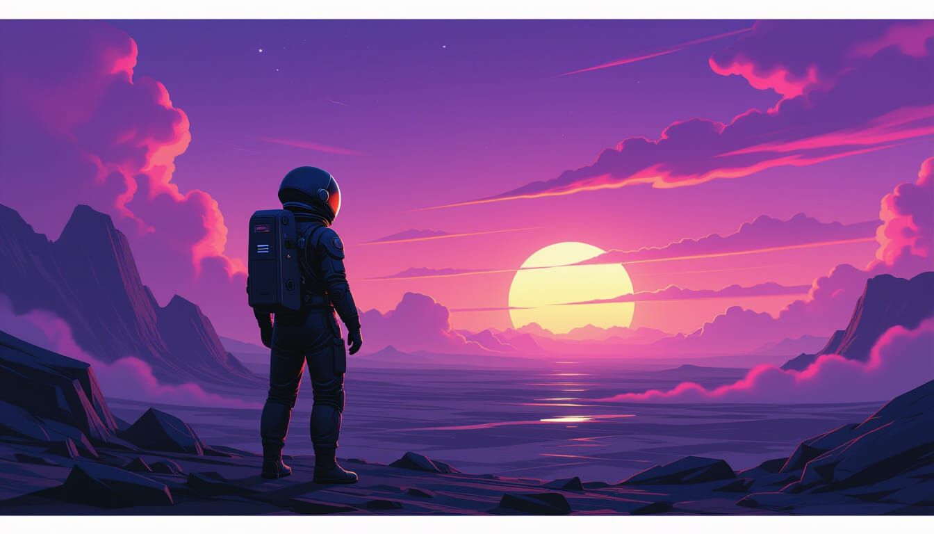 Astronaut Gazes at Purple Sunset on Alien Planet