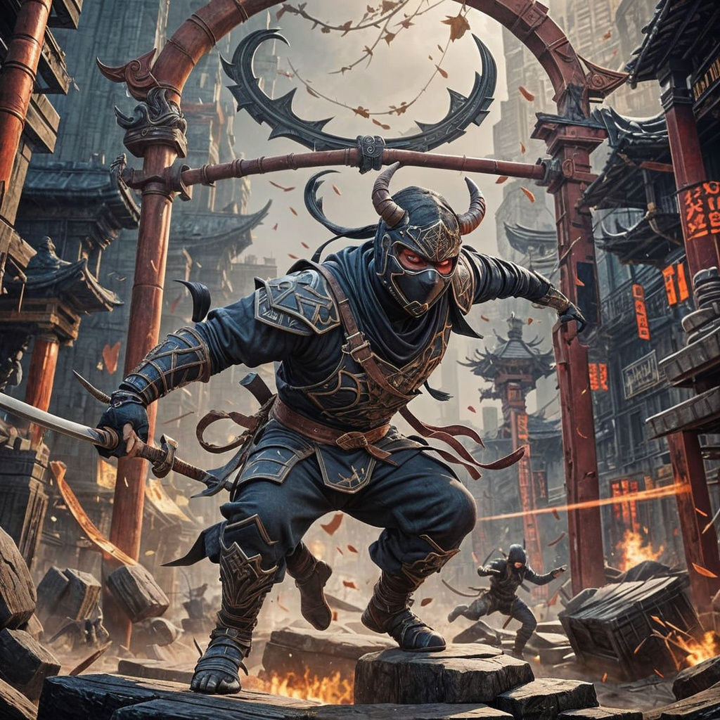 Ninja Warrior with Oni Mask in Detailed Painting