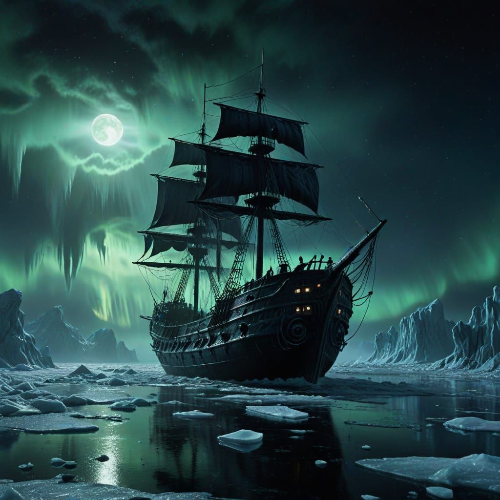 Frozen Ghost Ship Under Black Moon in Arctic
