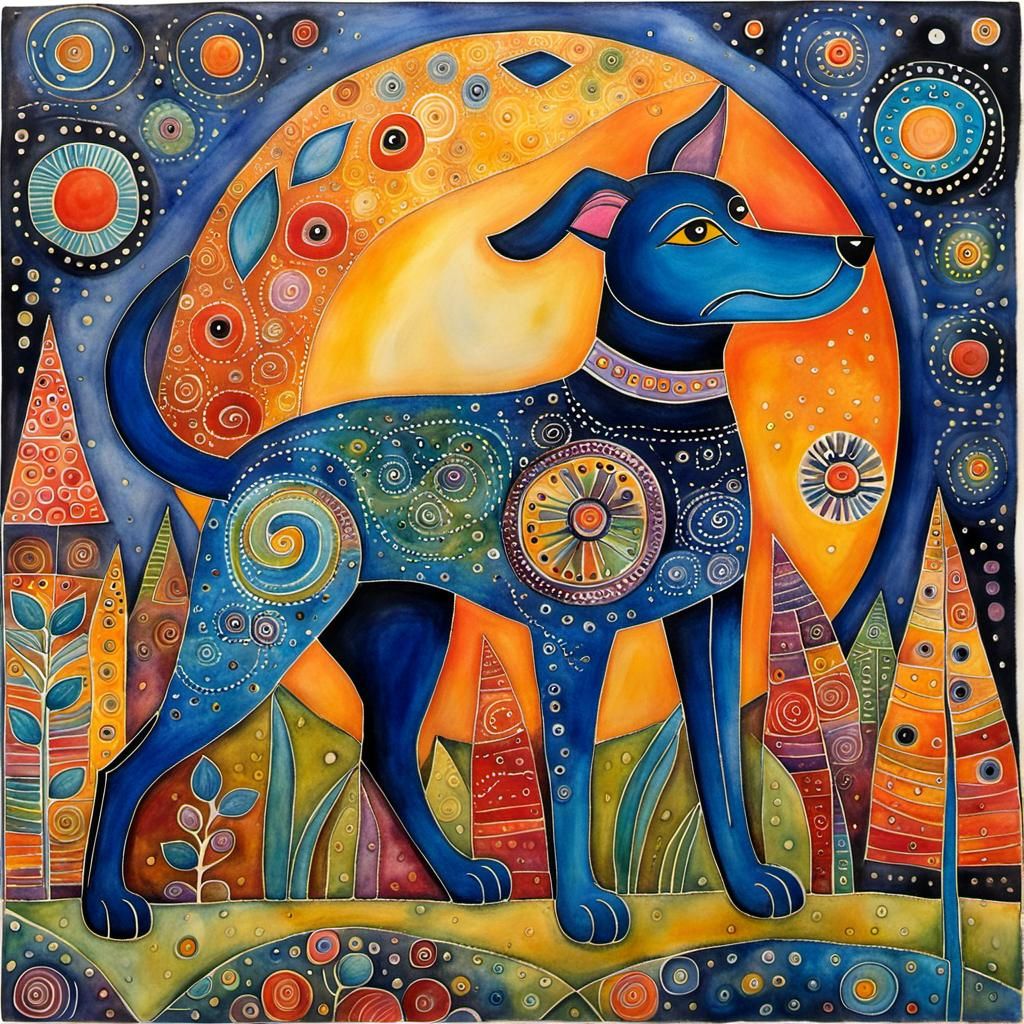 Whimsical Encaustic Dog in Art Brut Style