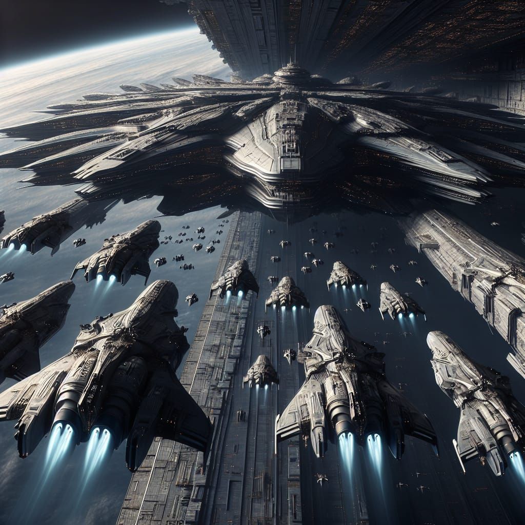 Fleet of Colossal Spaceships Above Space Station