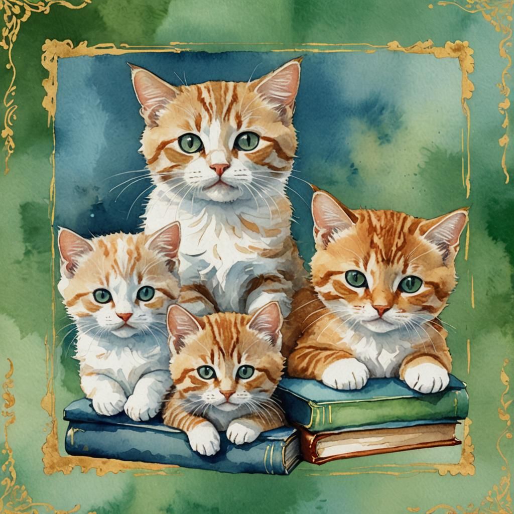 Watercolor Collage of Cats in Ornate Frame
