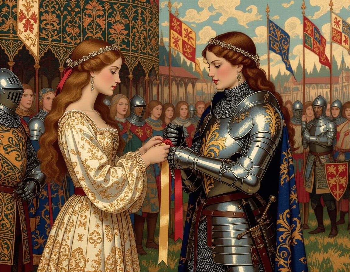 Medieval Tapestry: Lady Ties Ribbon on Knight's Arm