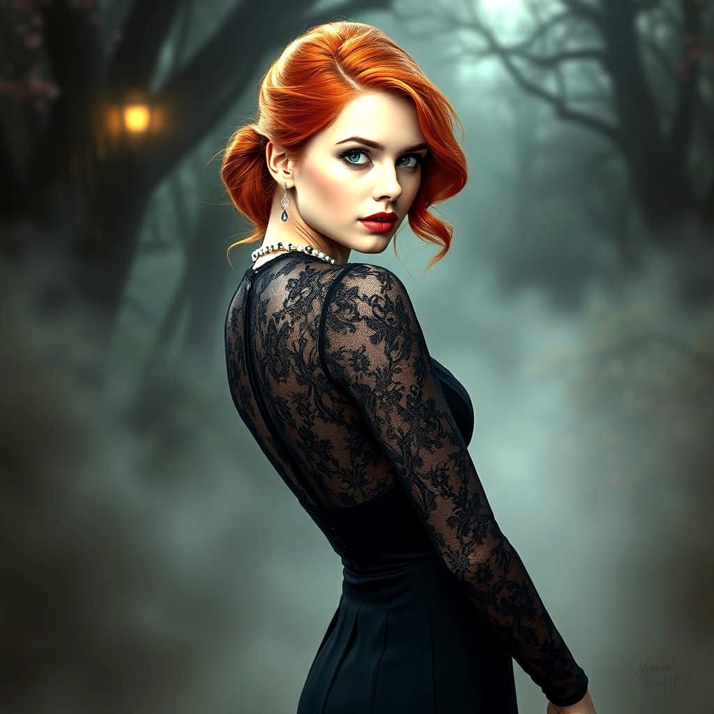 Ethereal Redhead in Elegant Lace Gown