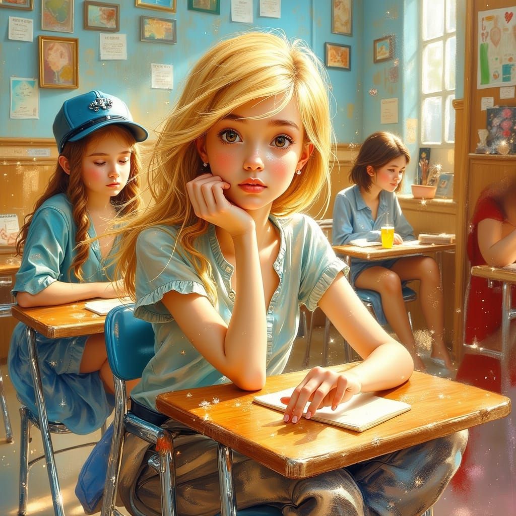 Blonde Woman in Class: Vibrant Illustration