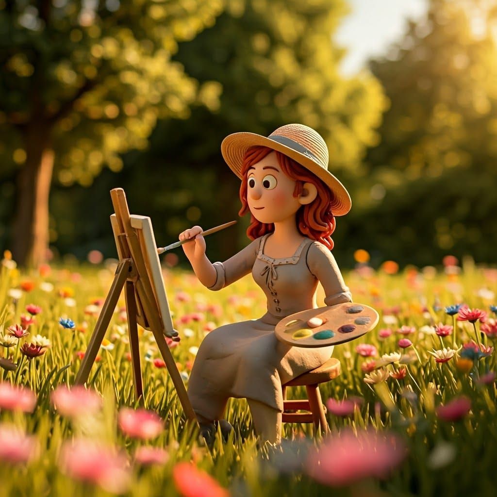 Aardman style claymation figure of a female artist painting in a meadow