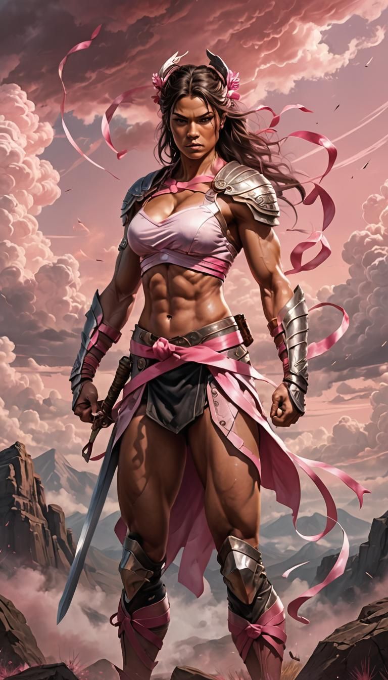Pink Warrior Woman Portrait in Cloudscape