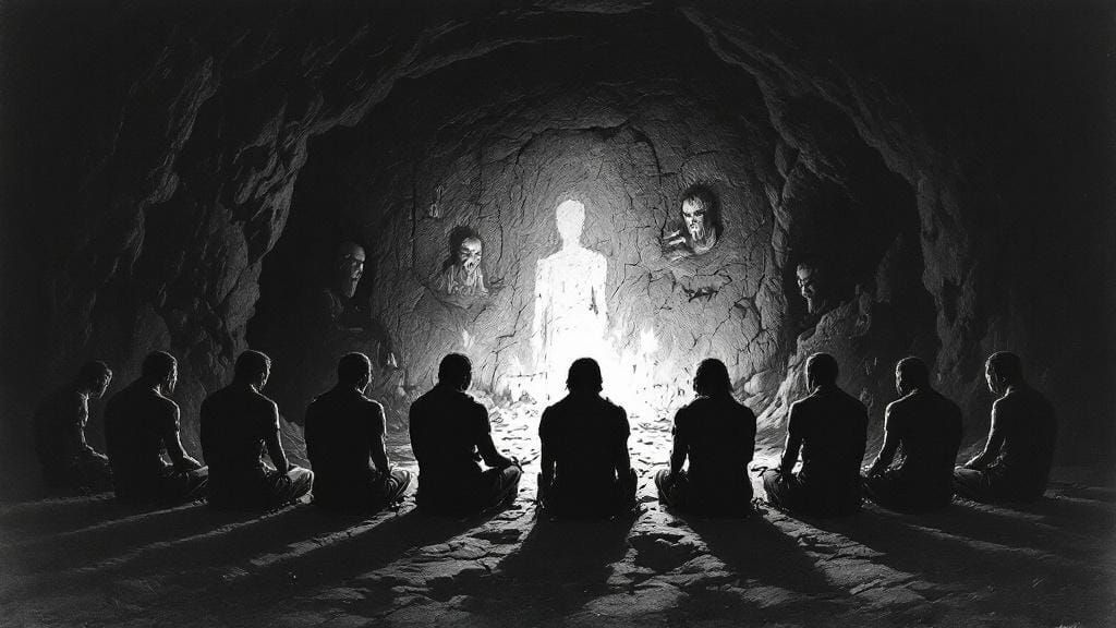 Chained Prisoners in Dark Cave: Realistic Charcoal Drawing