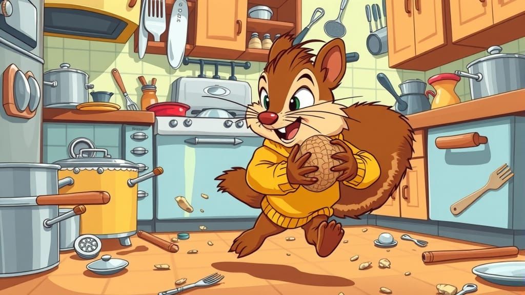 Squirrel in Kitchen, Cel-Shaded 2D Art Style