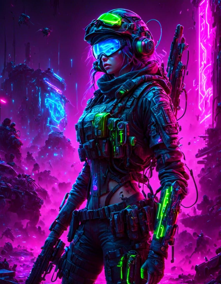 Neon Cyberpunk Soldier in Futuristic Battlefield