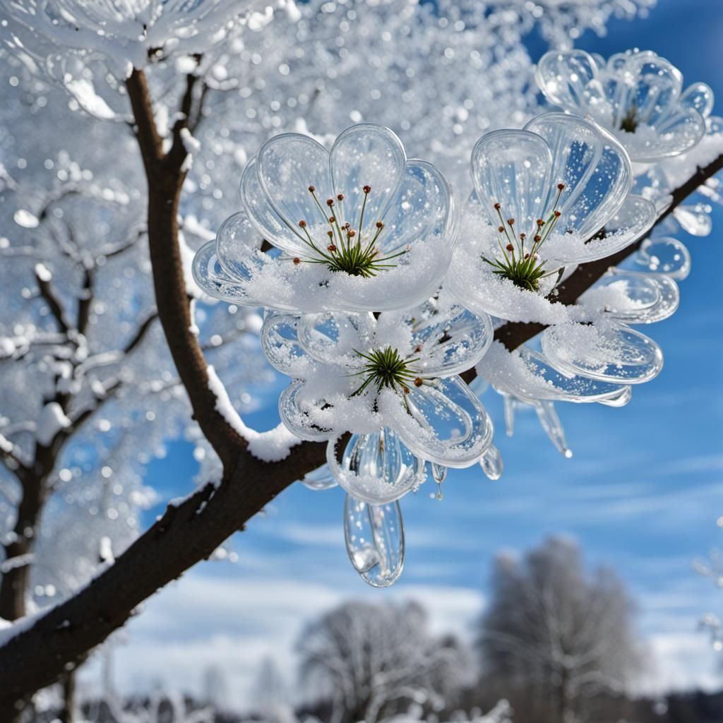 Snowy Glass Flower on Tree Branch