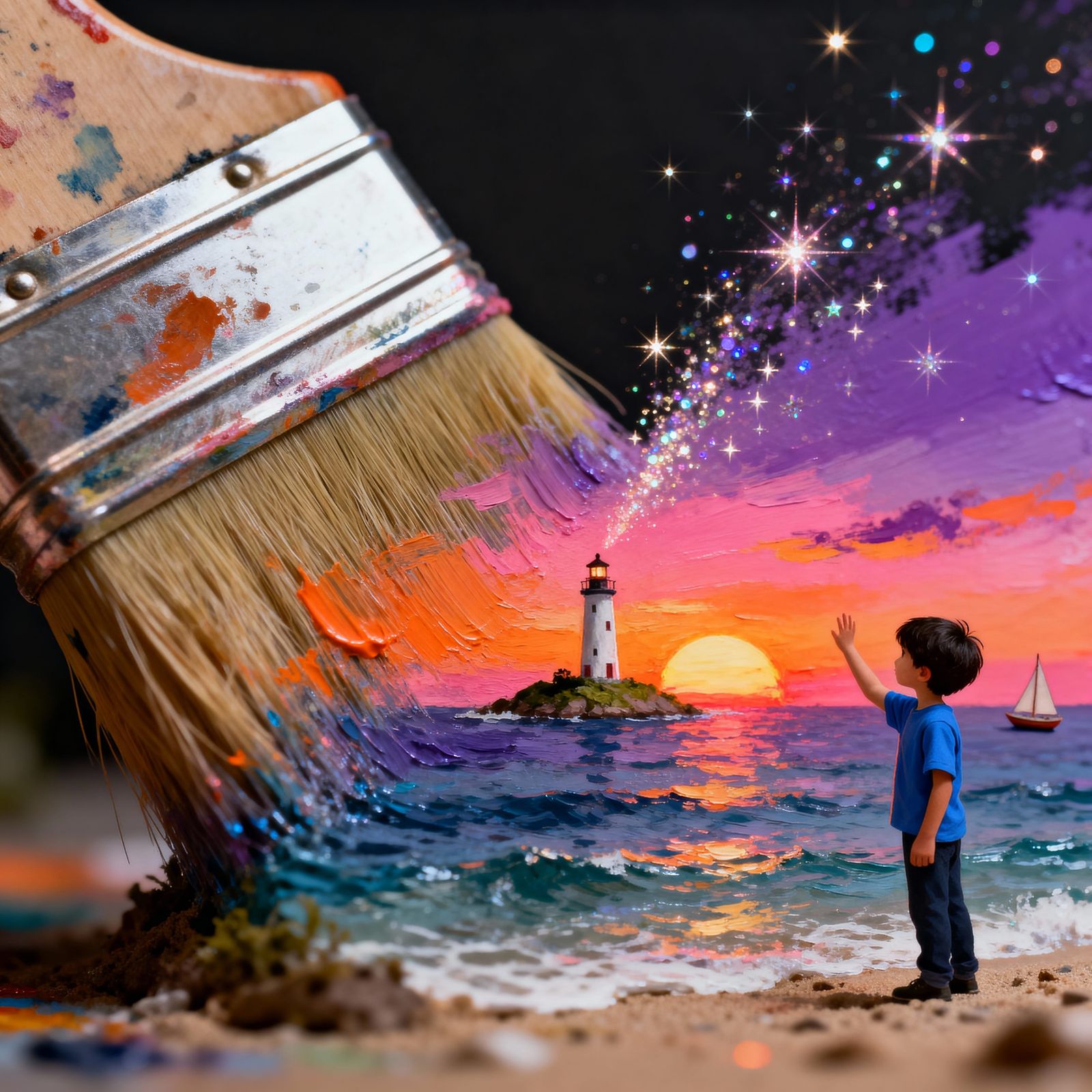 Child Paints Magical Seascape Sunset with Lighthouse