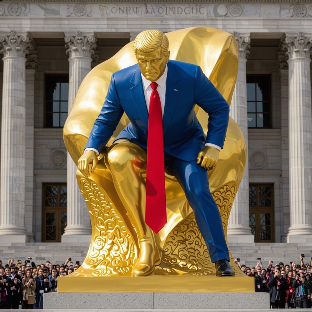 Golden Statue Unveiling: Man in Blue Suit