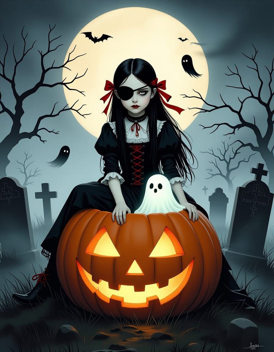 Gothic Witch Girl on Pumpkin in Foggy Graveyard Illustration