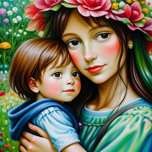 Mother and Child Embrace in Impasto Garden