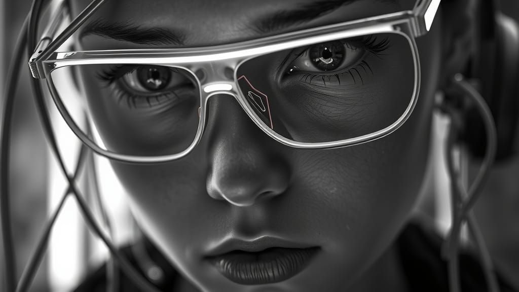 Ultra-Detailed Cybergirl Face in High Contrast Black and Whi...
