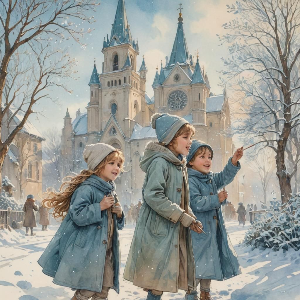 Children Playing in Snow, Art Nouveau Illustration