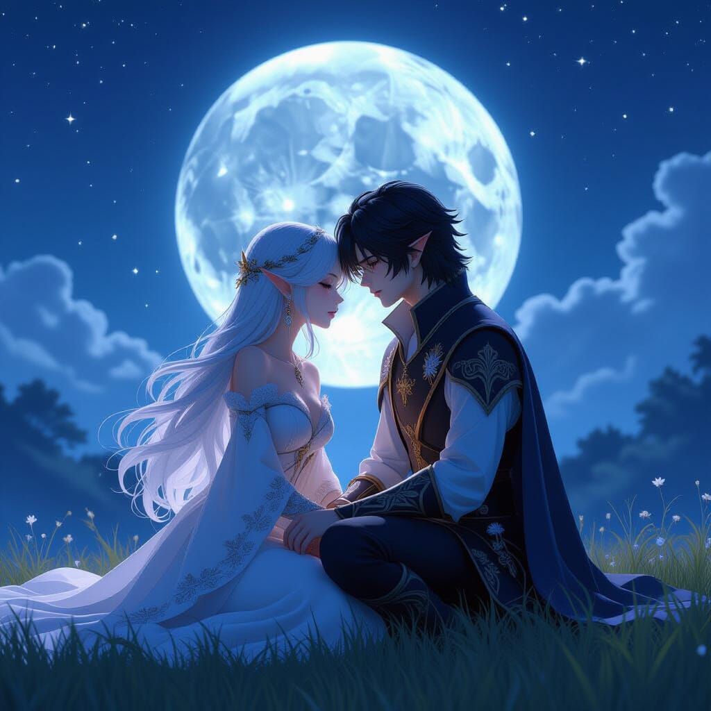 Fae and Mortal Love Under Moonlit Sky