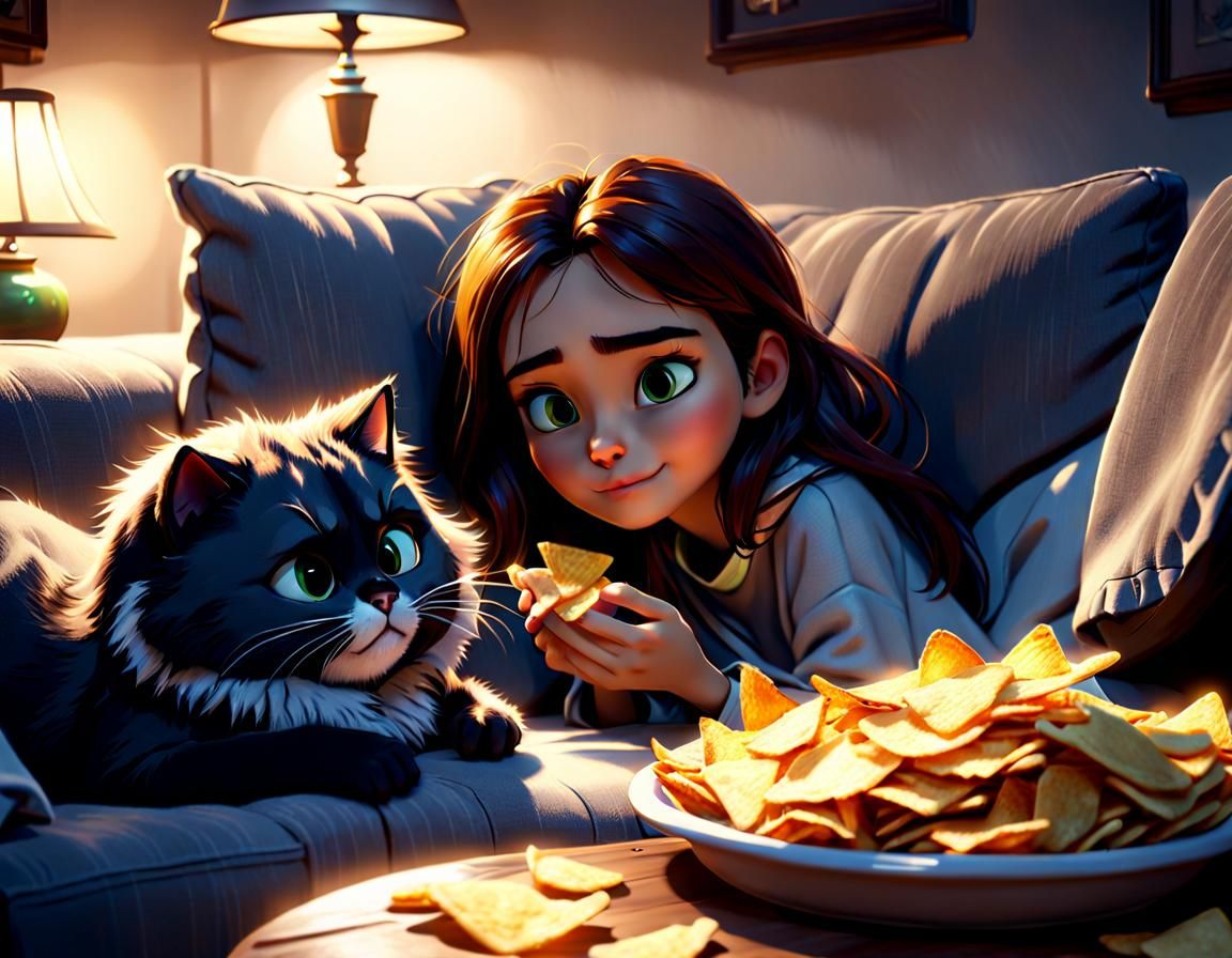 Cozy Girl with Cat Under Covers in Pixar Style