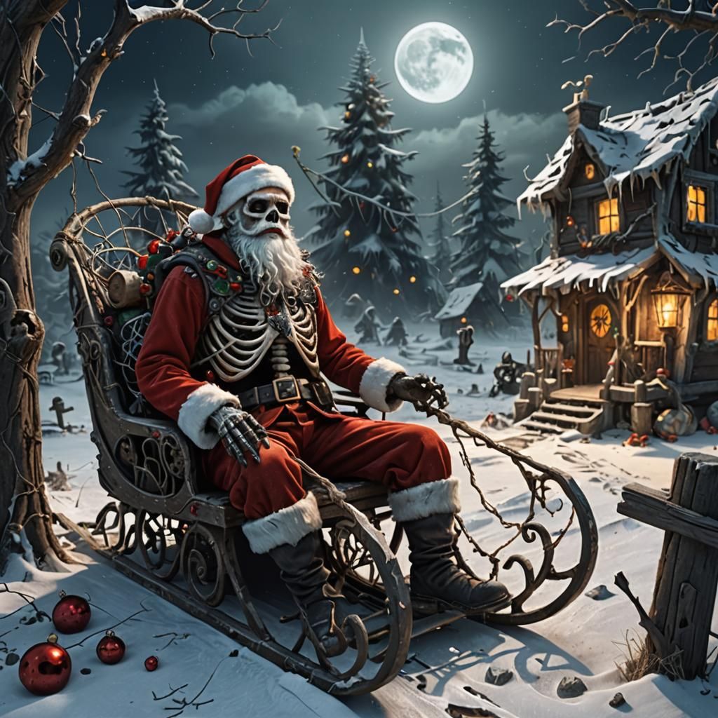 Skeletal Santa Claus in Cobweb Sled: Detailed Matte Painting