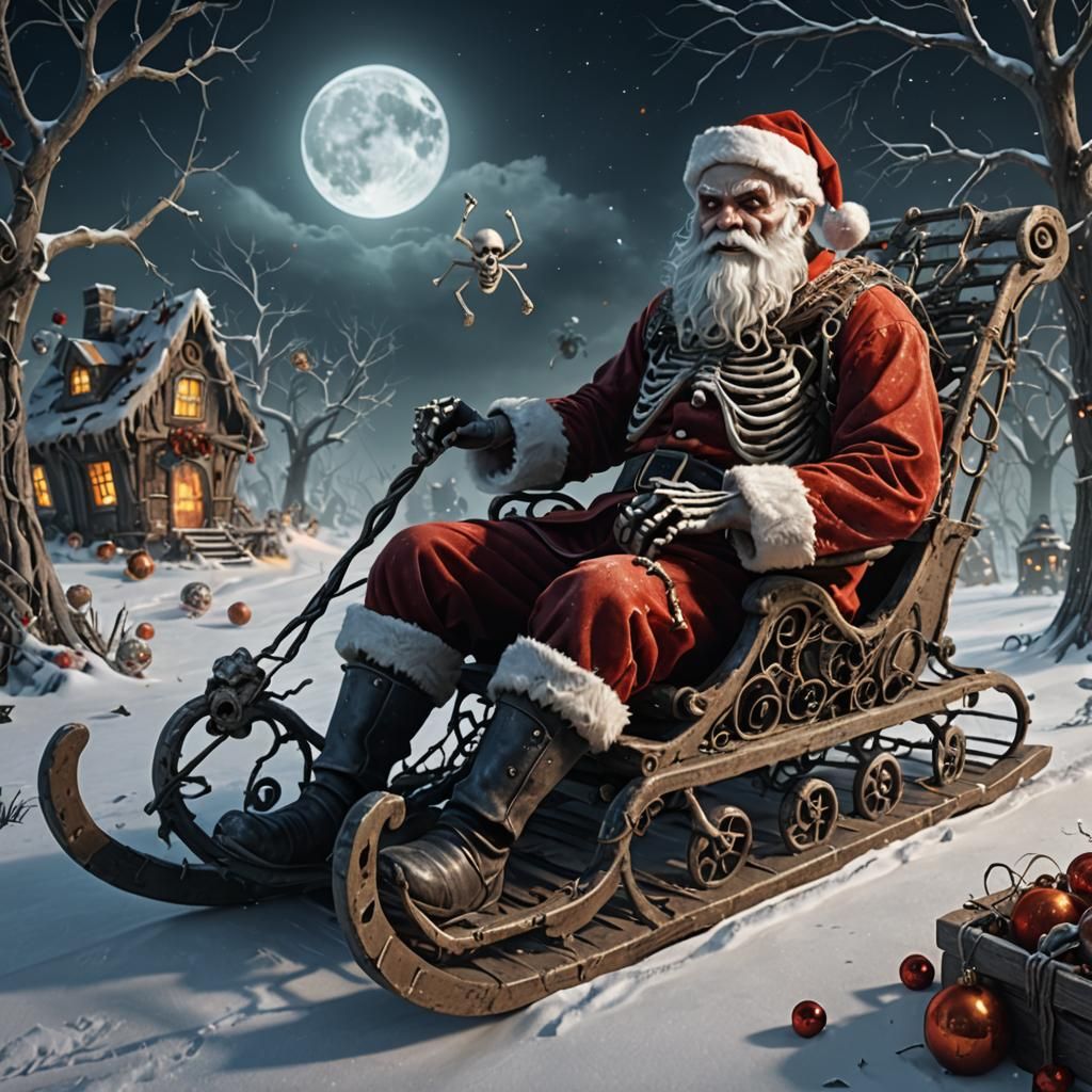 Skeletal Santa Claus in Broken Sled: Detailed Matte Painting