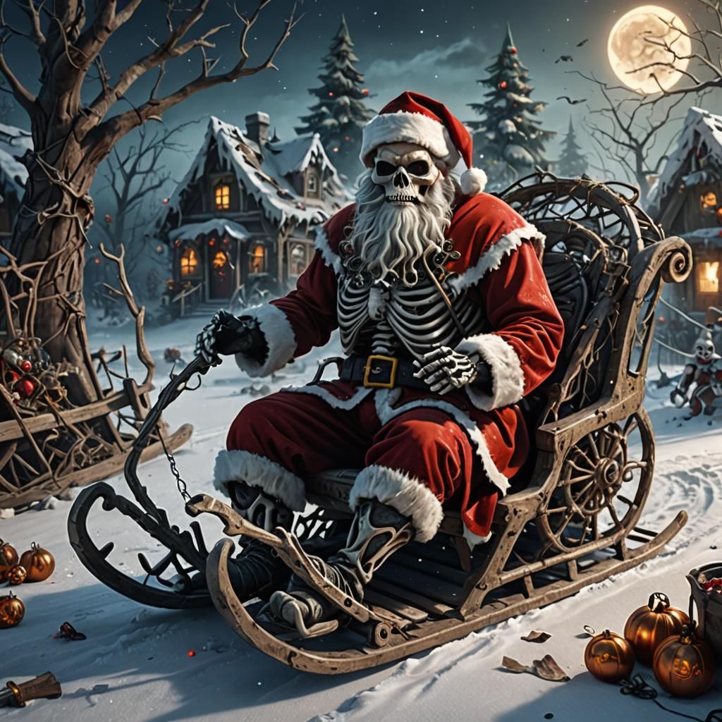 Skeletal Santa Claus in Broken Sled: Detailed Matte Painting