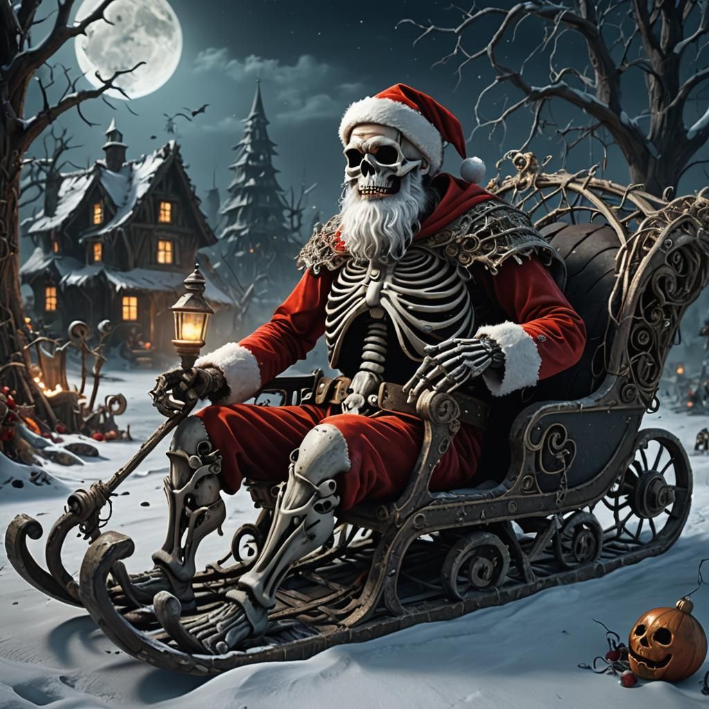 Skeletal Santa Claus in Broken Sled: Fantasy Art