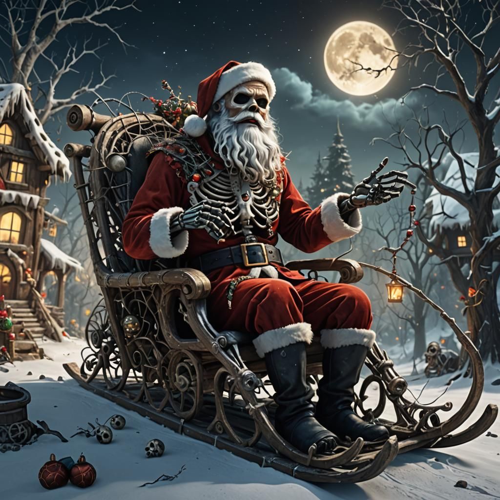 Skeletal Santa Claus in Cobweb Sled, Detailed Matte Painting