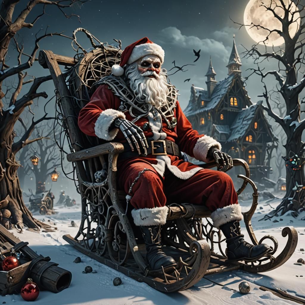 Skeleton Santa in Broken Sled: Fantasy Art