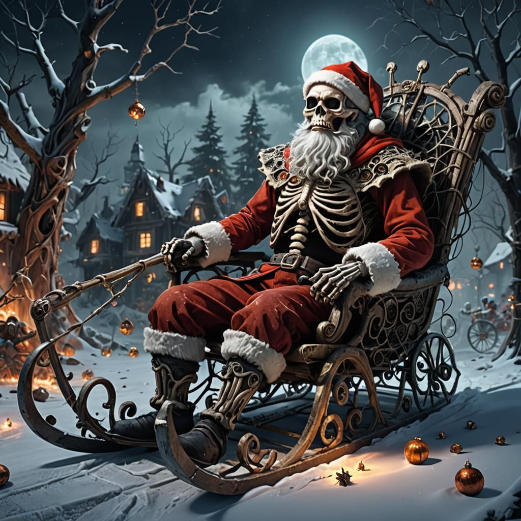 Skeletal Santa in Broken Sled: Fantasy Art