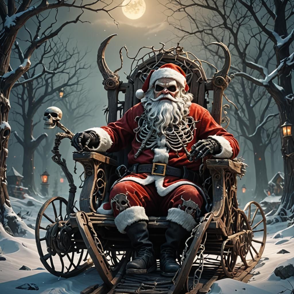 Skeletal Santa in Cobweb Sled: Detailed Matte Painting