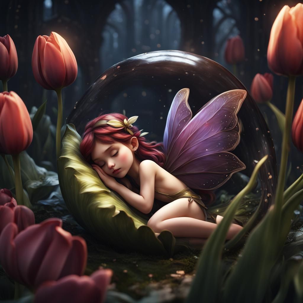 Sleeping Fairy in Black Tulip: Fantasy Art