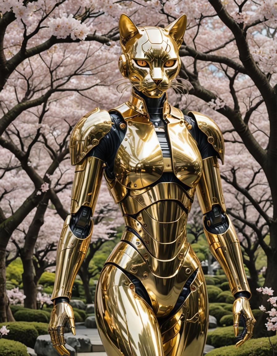 Golden Cyborg Cat in Japanese Garden