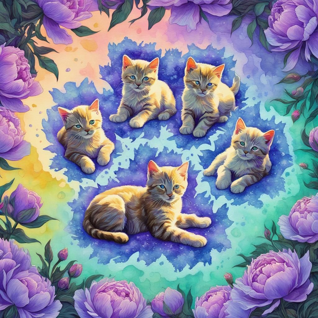 Watercolor Pawprint with Kittens and Peonies