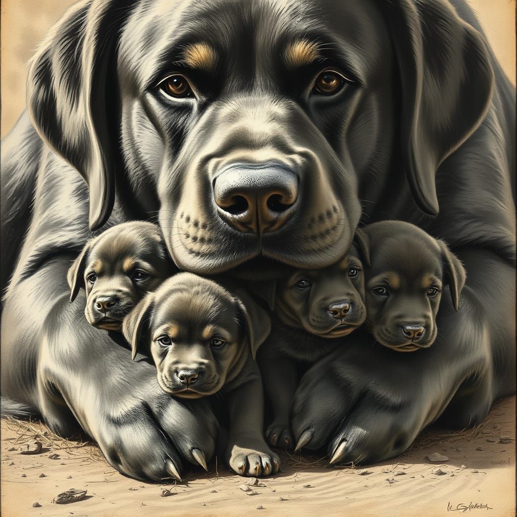 Majestic Labrador Guardian Watches Over Playful Puppies