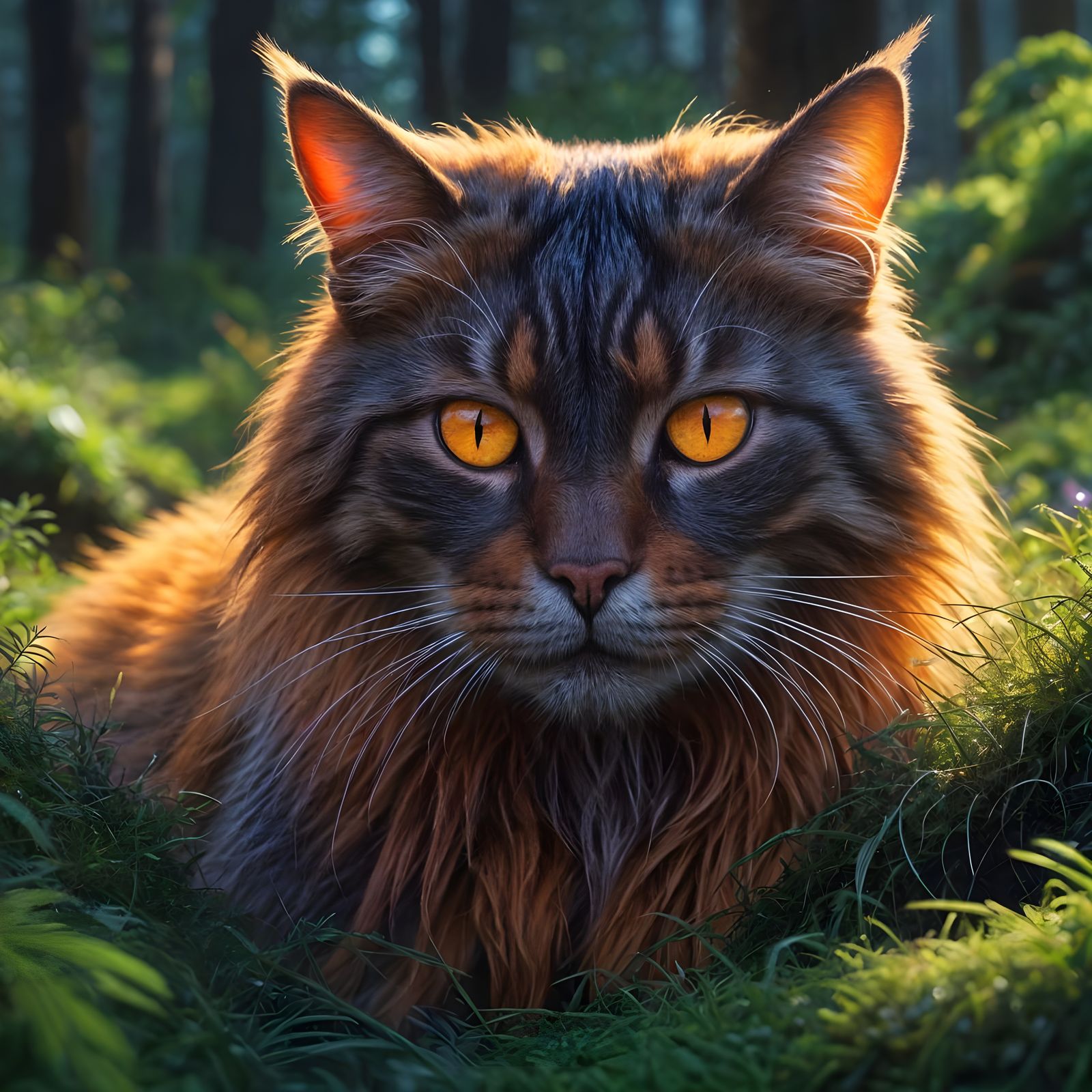 Iridescent Cat on Moss in Ethereal Light