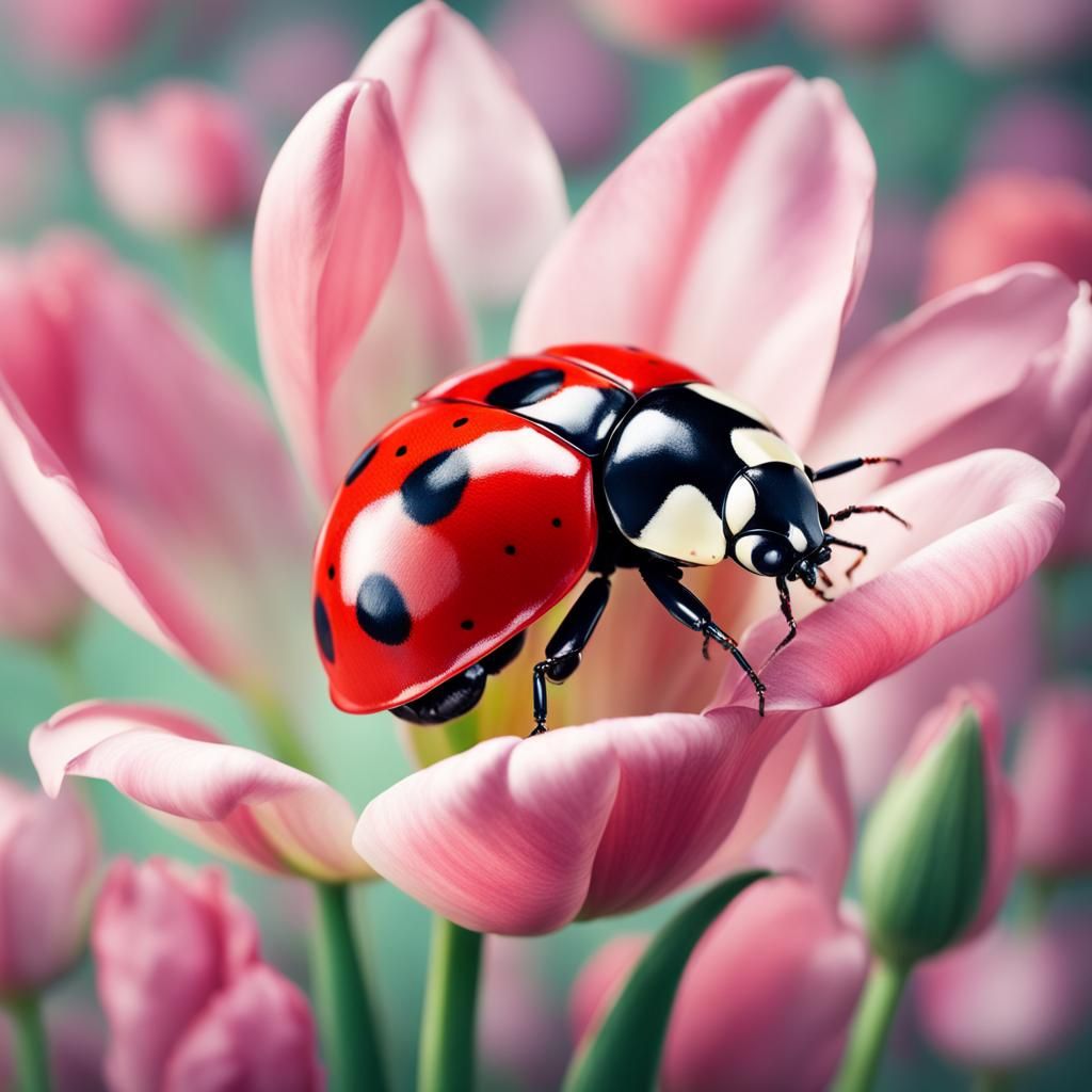 Hyperrealistic Ladybug Portrait on Tulip as Splash Art