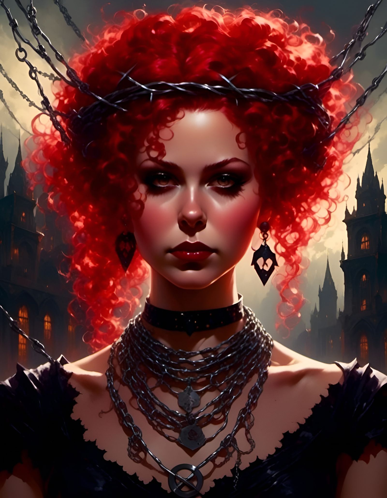 redhead witch, wearing barbed wire