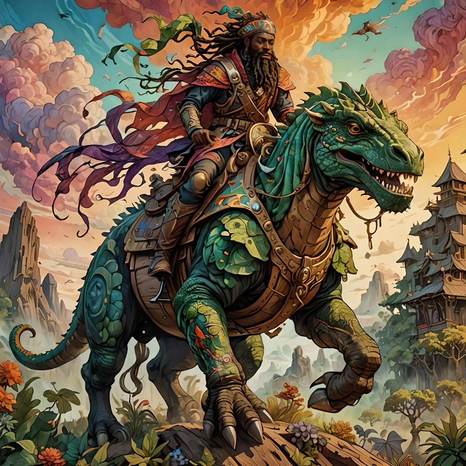 Druid on Komodo Golem in Afrofuturistic Savanna